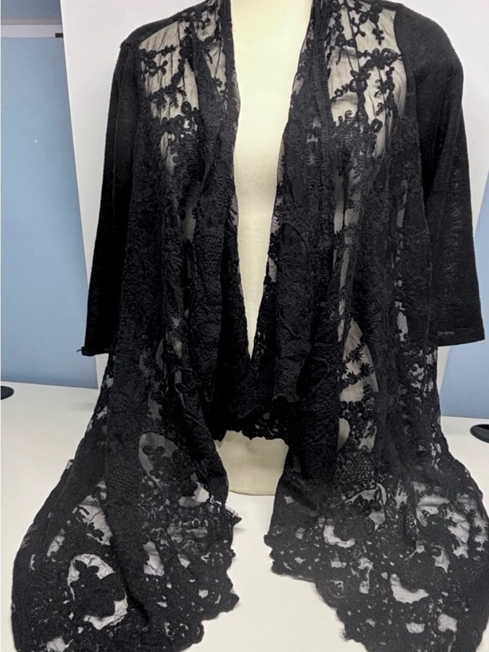 Anna Bella Black Floral Lace Open Front Waterfall Cardigan Kimono Jacket Medium